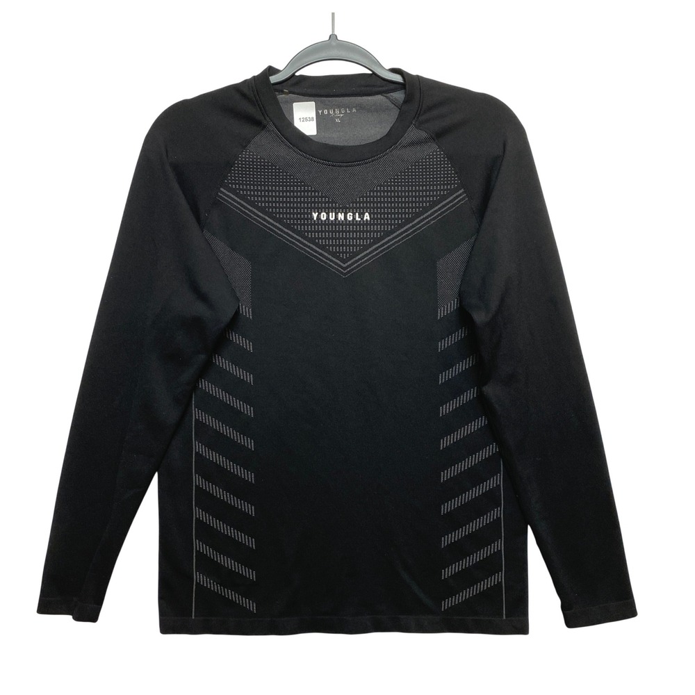 Youngla Performance Shirt Kids XL Black Geometric Compression Long Sleeve